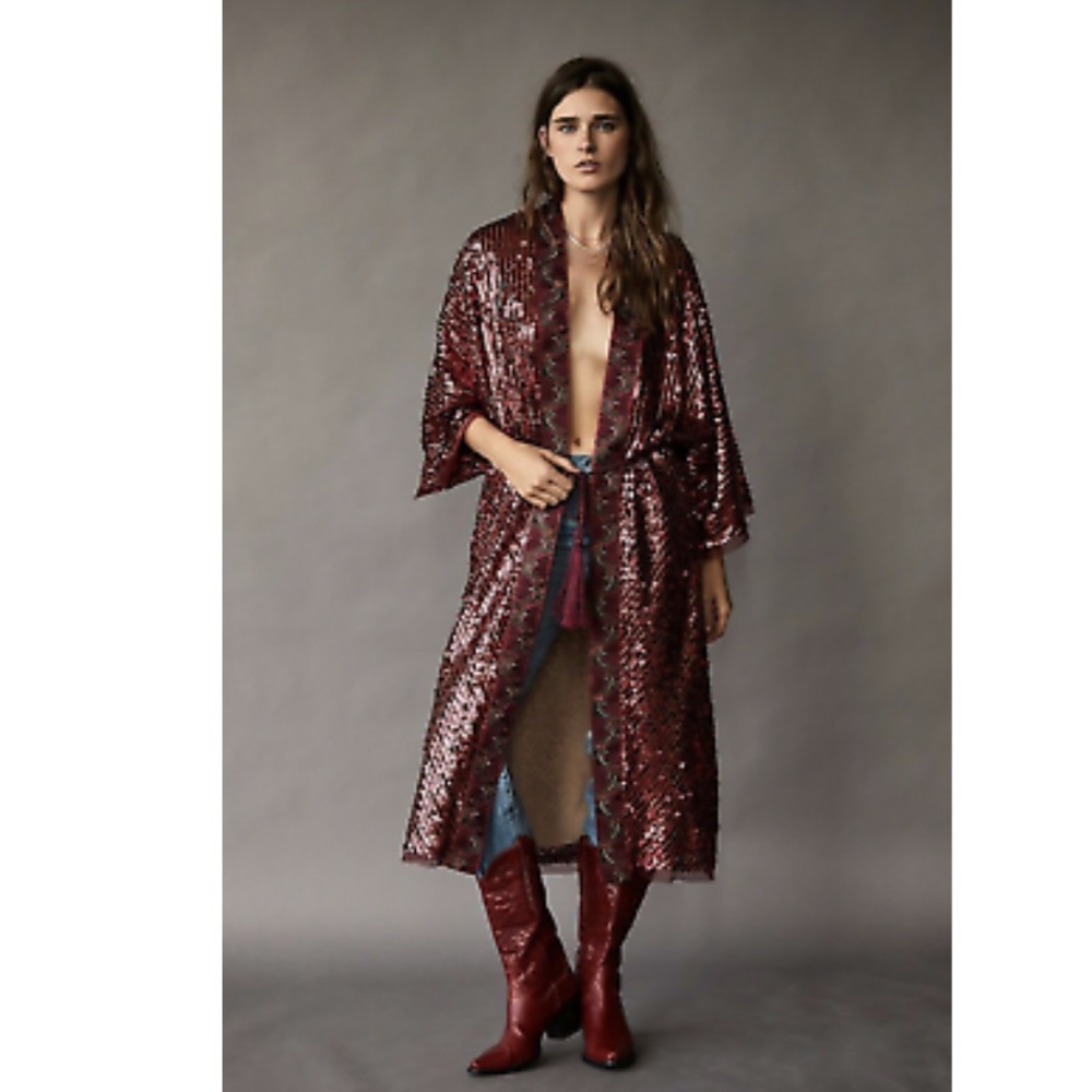 NWOT FREE PEOPLE Red Sequin Long Belted Duster Coat - Picture 3 of 12